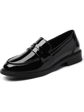 Women's 852black Patent Leather Penny Loafers Shiny Chunky Oxford Flat Shoes